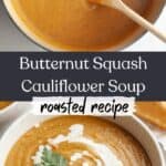 A white soup bowl with butternut squash cauliflower soup, drizzled with cream and garnished with herbs, and a pot of soup.