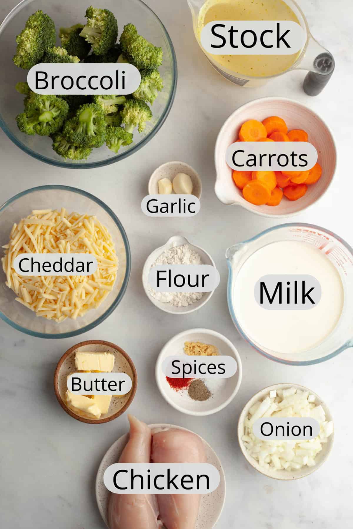 All the ingredients needed to make chicken and broccoli cheddar soup, weighed out into small bowls.
