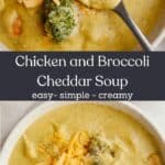 A bowl of chicken and broccoli cheddar soup, topped with shredded cheddar cheese.