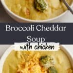 A bowl of chicken broccoli cheddar soup, topped with shredded cheddar cheese.