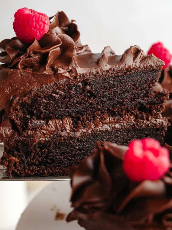 A slice of chocolate cake with chocolate ganache being lifted out with a silver cake server.