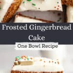 Square slices of frosted gingerbread cake with Christmas sprinkles.