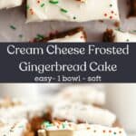 Square slices of frosted gingerbread cake with Christmas sprinkles.
