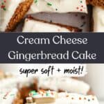 Square slices of gingerbread cake covered in frosting and Christmas sprinkles.