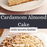 A slice of cardamom almond cake on a small plate and the whole cake drizzled in icing.