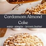 A slice of cardamom almond cake on a cake server, and the whole cake drizzled in icing.