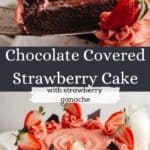 A chocolate cake covered in strawberry frosting with chocolate filling on a cake stand and a slice being lifted out.