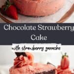 A chocolate cake covered in strawberry frosting with chocolate filling on a cake stand and a slice being lifted out.