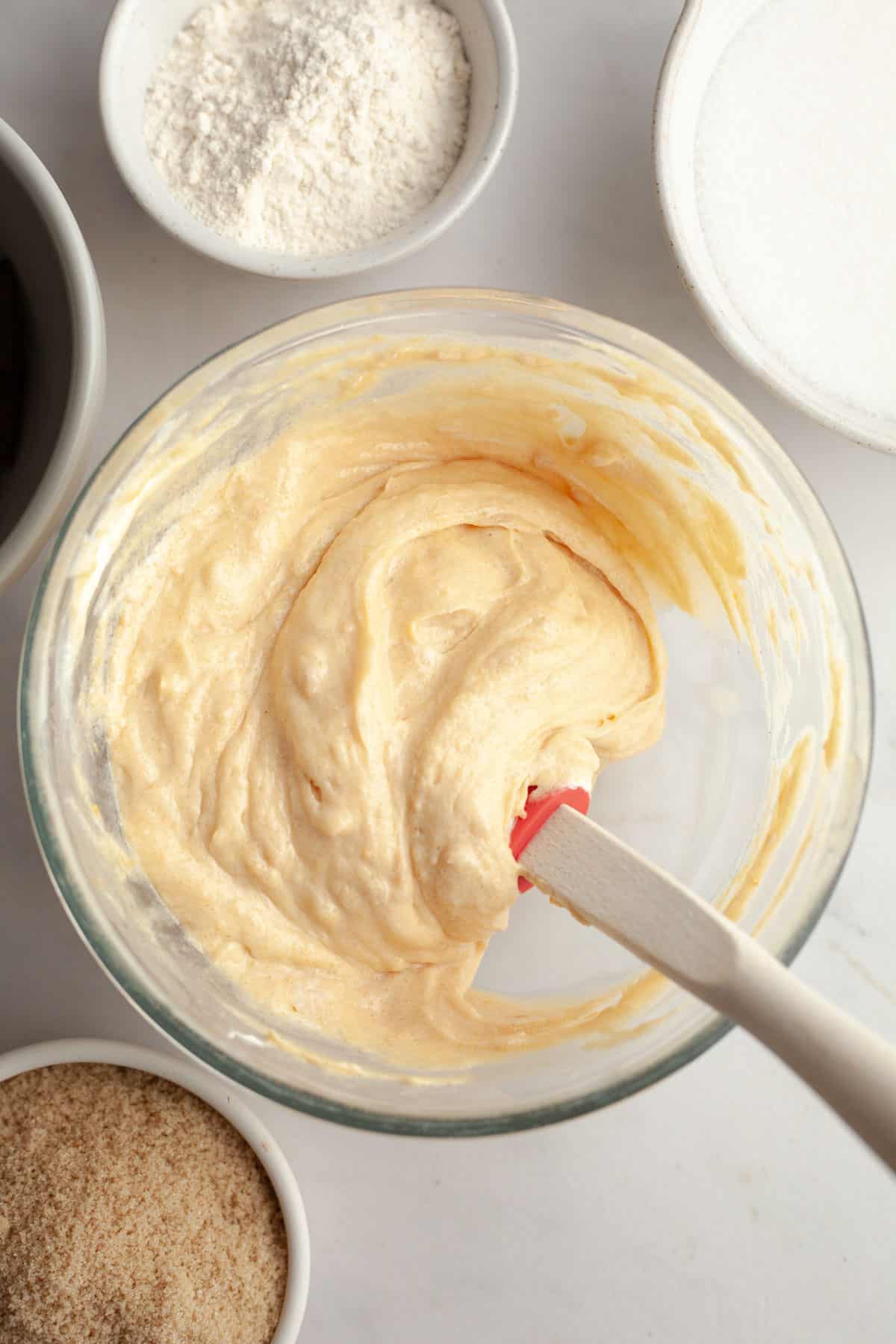 Peanut butter cheesecake filling in a bowl.