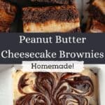 Unbaked peanut butter cheesecake brownies in a pan and sliced brownies on parchment paper.
