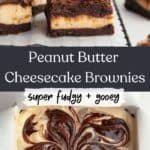 Unbaked peanut butter cheesecake brownies in a pan and sliced brownies on parchment paper.