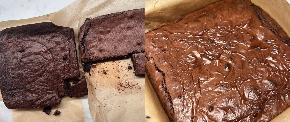 Three baked brownies next to each other, showing different textures.