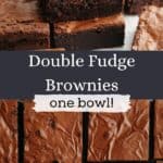 An overhead shot of sliced brownies and a stack of three brownies.
