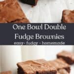 A brownie with a bite taken out of it and a stack of three double fudgy brownies.