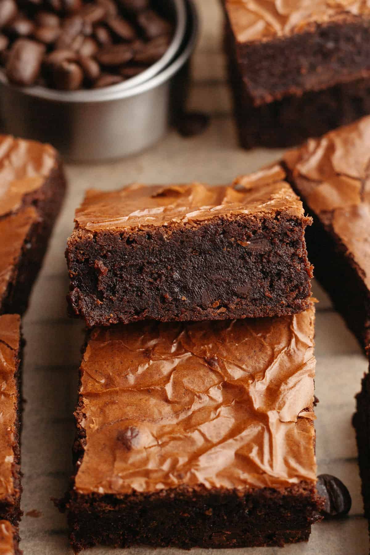 A close up of fudgy espresso brownies.
