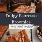 A stack of three fudgy espresso brownies and an overhead shot of brownies on parchment paper.