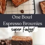 A stack of three fudgy espresso brownies and an overhead shot of brownies on parchment paper.