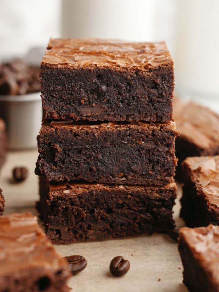A stack of three fudgy espresso brownies.