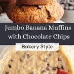 Two jumbo banana muffins with chocolate chips stacked on top of each other, one has a bite taken out of it, with a bowl with muffin batter in it.
