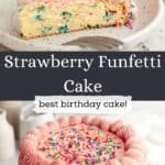 A slice of funfetti strawberry cake on a plate, and a pink frosted cake on a cake stand.