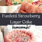 A pink cake on a cake stand and a slice of funfetti cake being lifted out.