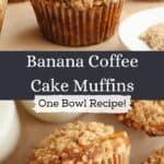 Banana coffee cake muffins with streusel topping on parchment paper.