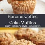 A stack of two banana coffee cake muffins, one has a bite taken out of it, and a close up of a banana streusel mufifn.