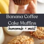 Banana coffee cake muffins with streusel topping on parchment paper.
