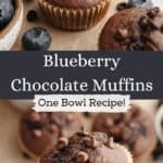 A hand holding a chocolate muffin and blueberry chocolate muffins on parchment paper.