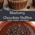 Blueberry chocolate muffins on parchment paper and a close up of chocolate muffin batter with fresh blueberries and chocolate chips.