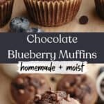Blueberry chocolate muffins on parchment paper and a hand holding a chocolate blueberry muffin.