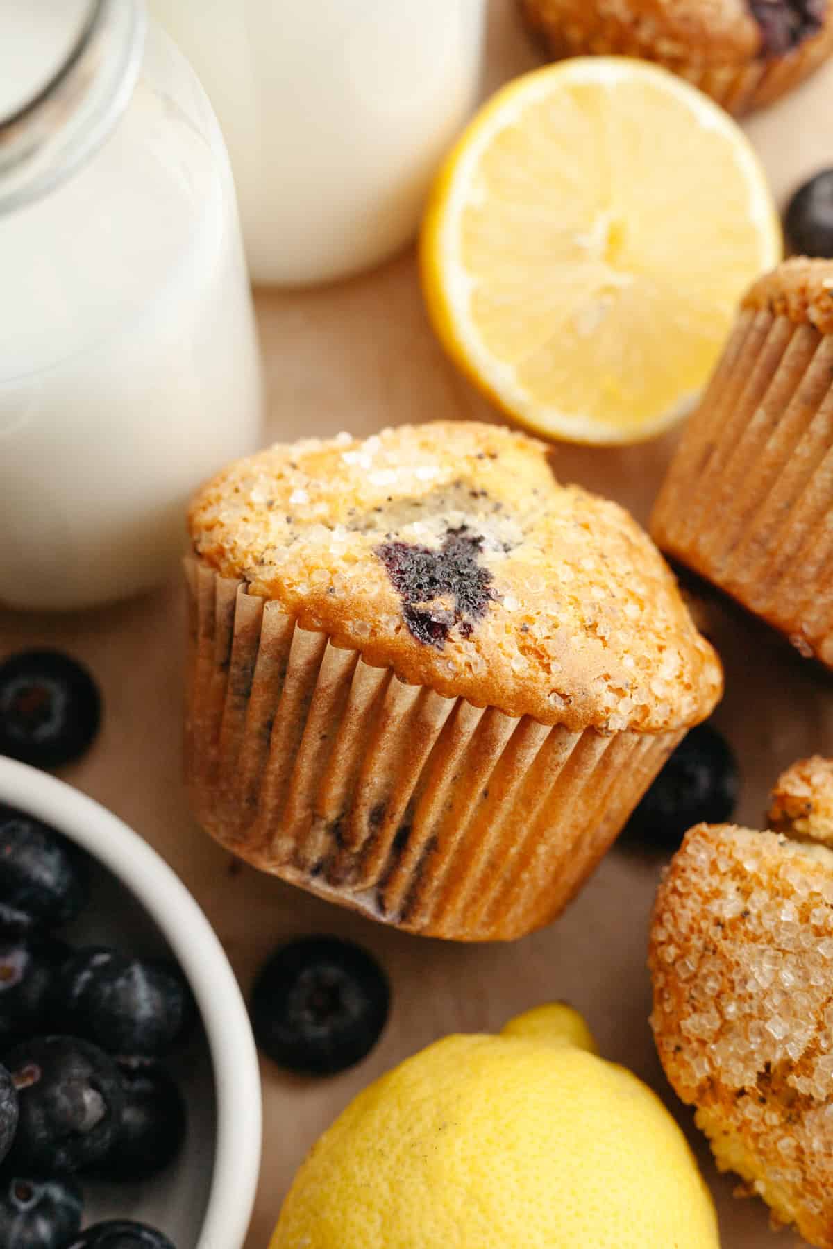 A close up of a blueberry lemon poppy seed muffin on parchment paper.