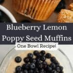 A close up of a blueberry lemon poppy seed muffin on parchment paper and a bowl with the muffin batter and blueberries.