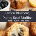 A stack of two lemon blueberry poppy seed muffins and a close up of a muffin with a bite taken out of it.