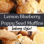 A lemon blueberry poppy seed muffin with a bite taken out of it, and a close up of a muffin on parchment paper.