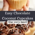 Coconut cupcakes with chocolate frosting, sprinkled with shredded coconut.
