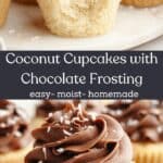 Coconut cupcakes with chocolate frosting, sprinkled with shredded coconut.