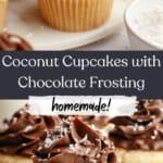 Coconut cupcakes with chocolate frosting, sprinkled with shredded coconut.