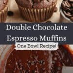 Double chocolate espresso muffin on parchment paper and a bowl of chocolate muffin batter.