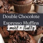 A stack of two chocolate muffins and a close up of a chocolate muffin with a bite taken out of it.