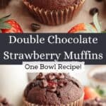 A close up of a chocolate strawberry muffins on parchment paper next to some fresh strawberries.