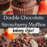 A stack of two double chocolate strawberry muffins and a hand holding one of the muffins.