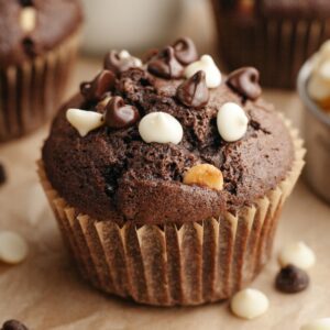 A chocolate muffin with semisweet chocolate chips and white chocolate chips.