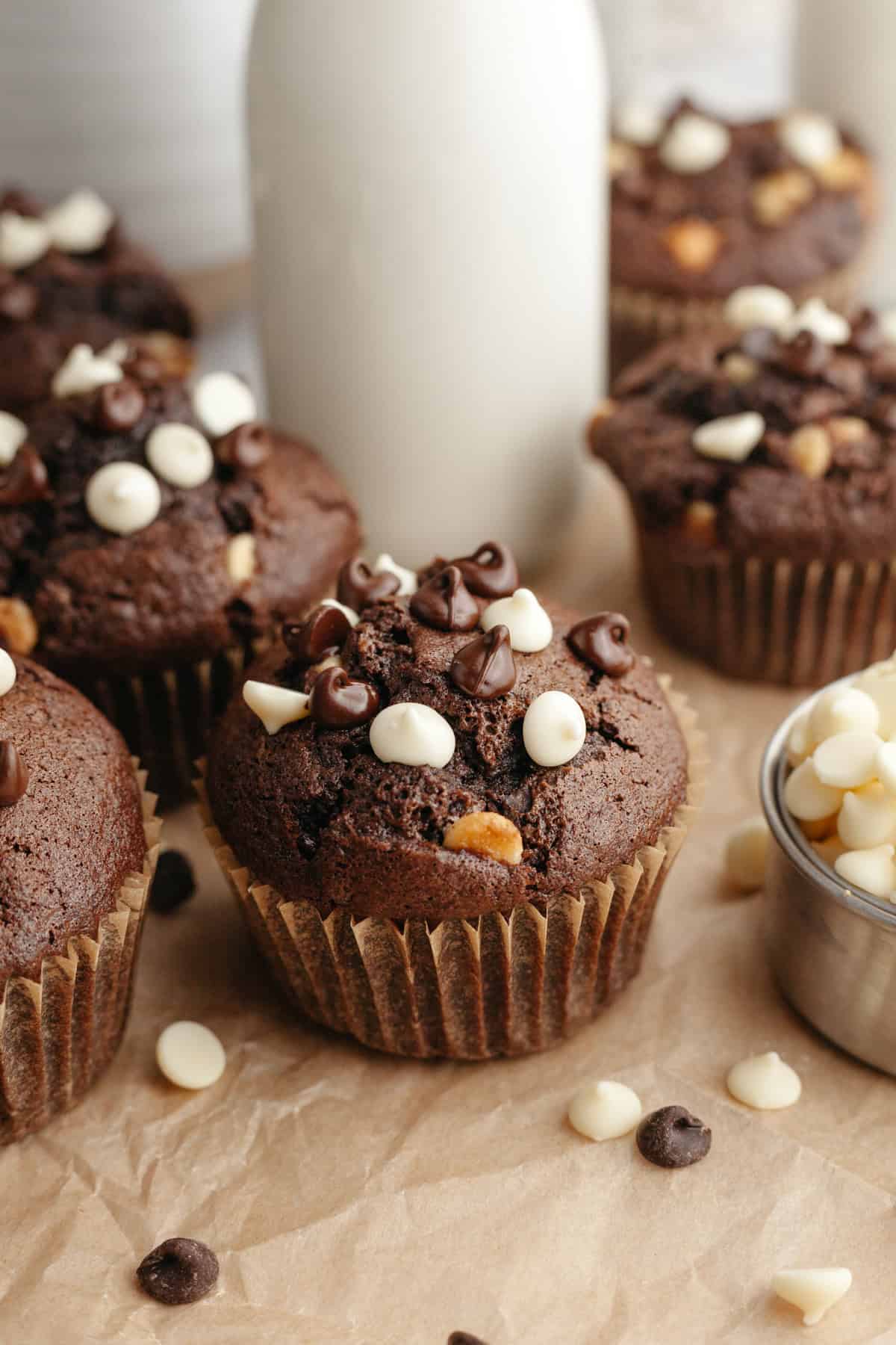Chocolate muffins with semisweet chocolate chips and white chocolate chips.