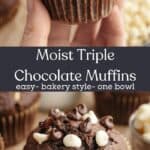 Triple chocolate muffins with white chocolate chips and dark chocolate chips.