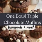 Triple chocolate muffins with white chocolate chips and dark chocolate chips.