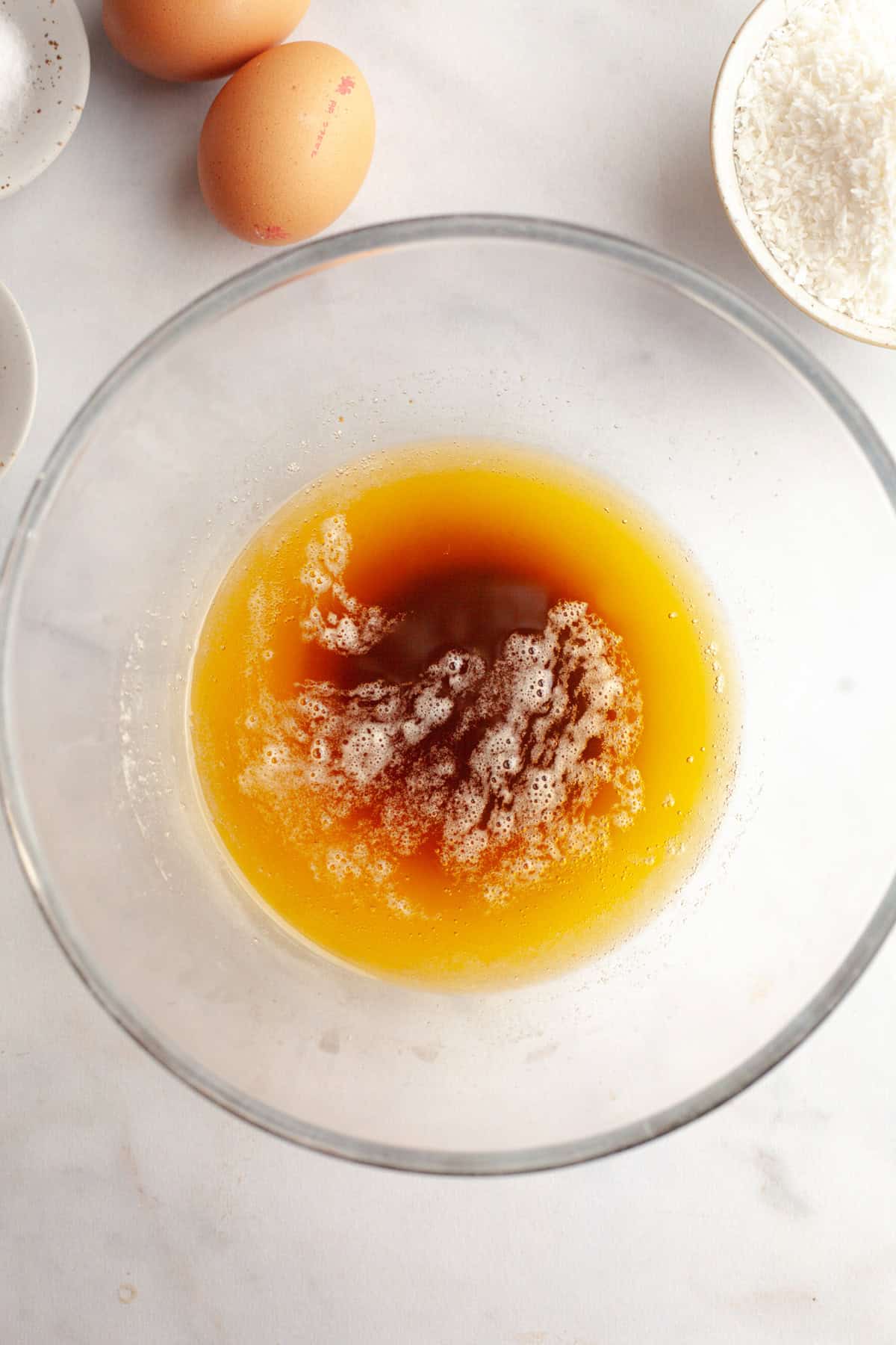 Brown butter in a glass bowl.