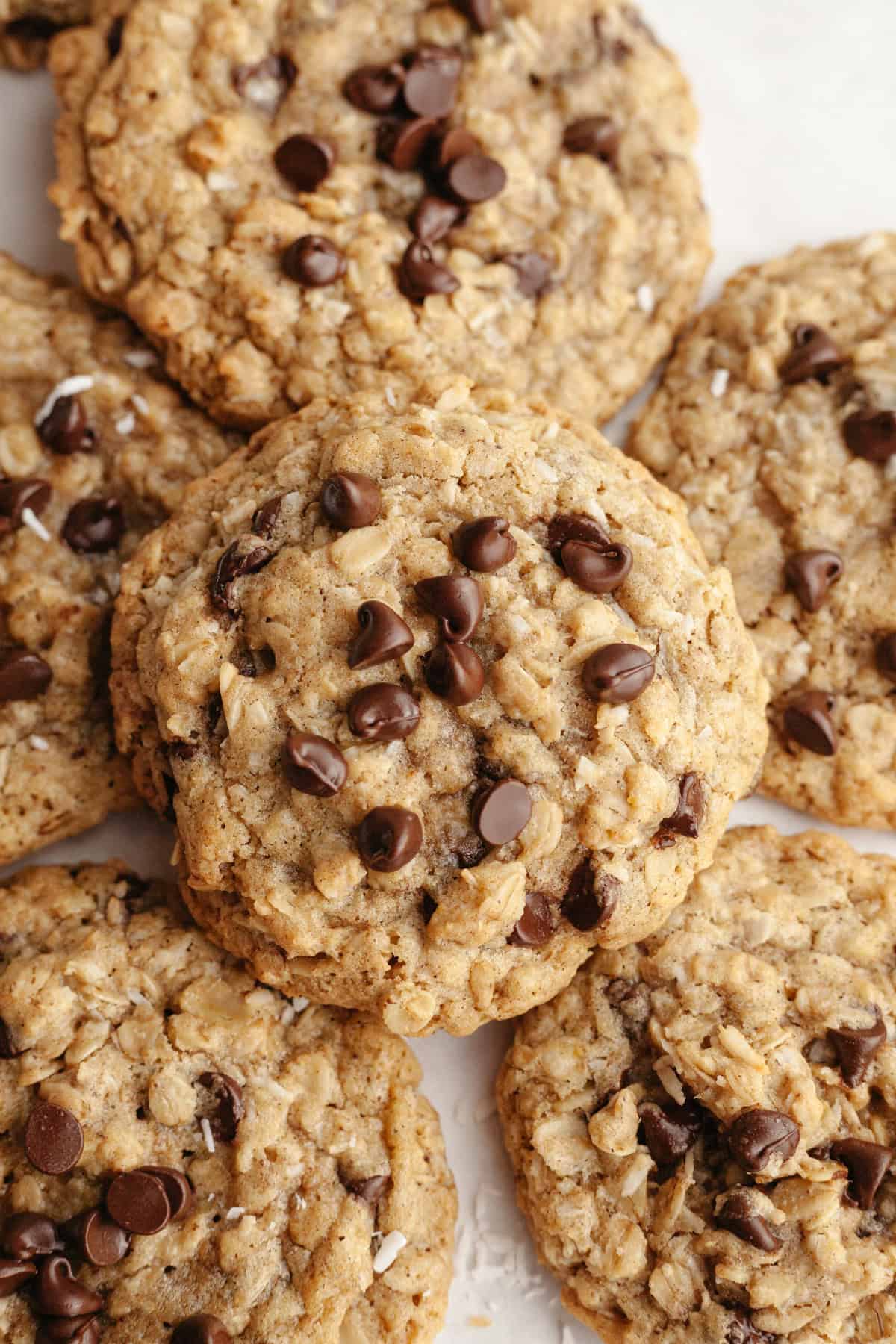 A close up of coconut chocolate chip oatmeal cookies on parchment paper.