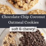 A close up of coconut chocolate chip oatmeal cookies on parchment paper, and a bowl with rolled oats, shredded coconut and chocolate chips.
