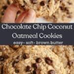 A close up of chocolate chip coconut oatmeal cookies on parchment paper.